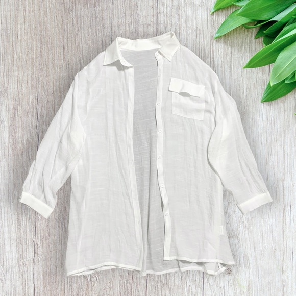 Womens White Linen Coverup Flowy Lightweight Sheer Button Down Shirt One Size - Picture 4 of 10